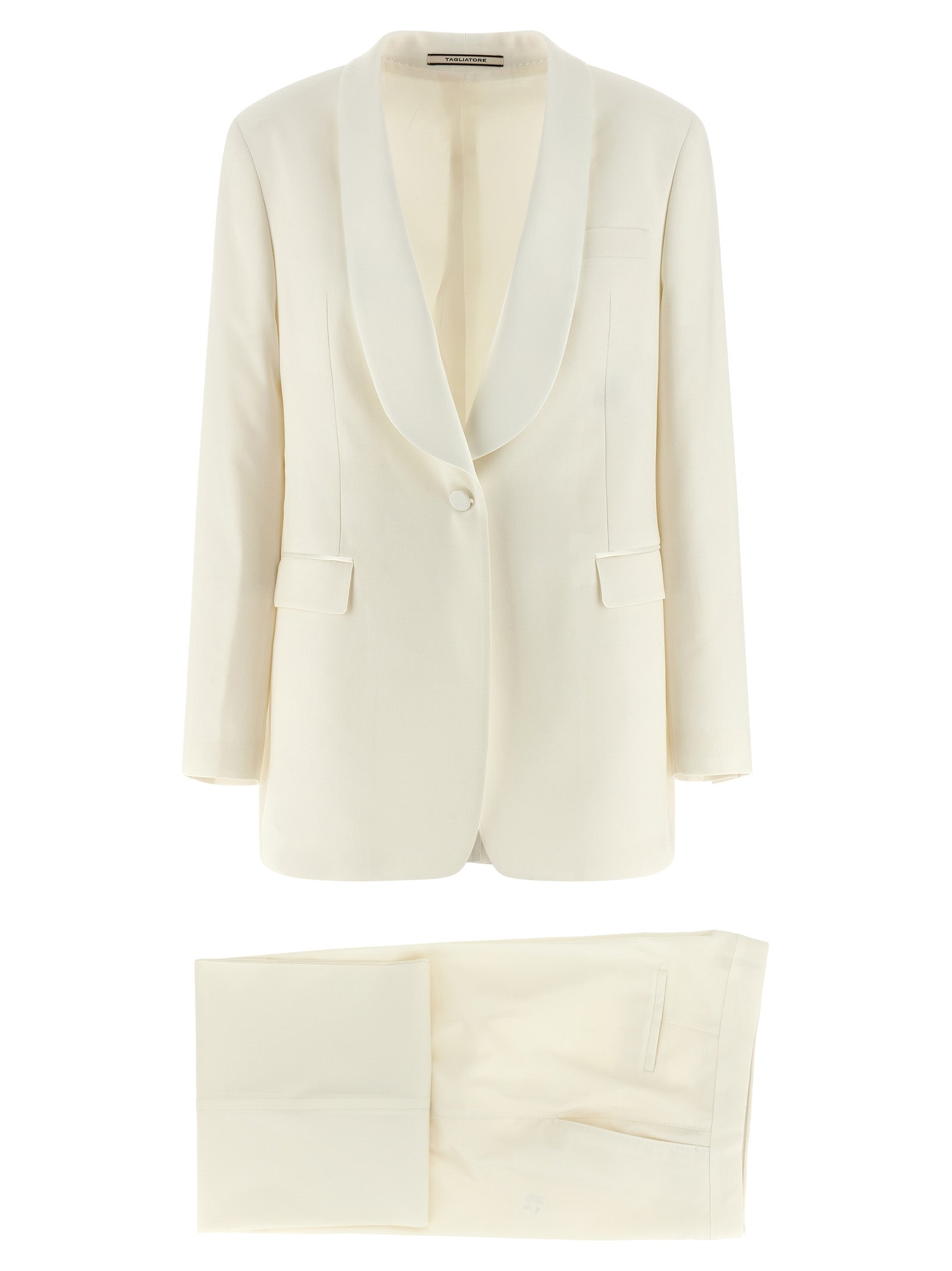 Indulge in the exquisite TAGLIATORE White Virgin Wool Two-Piece Suit, a masterpiece of tailored elegance crafted in Italy, perfect for commanding presence at any occasion.
