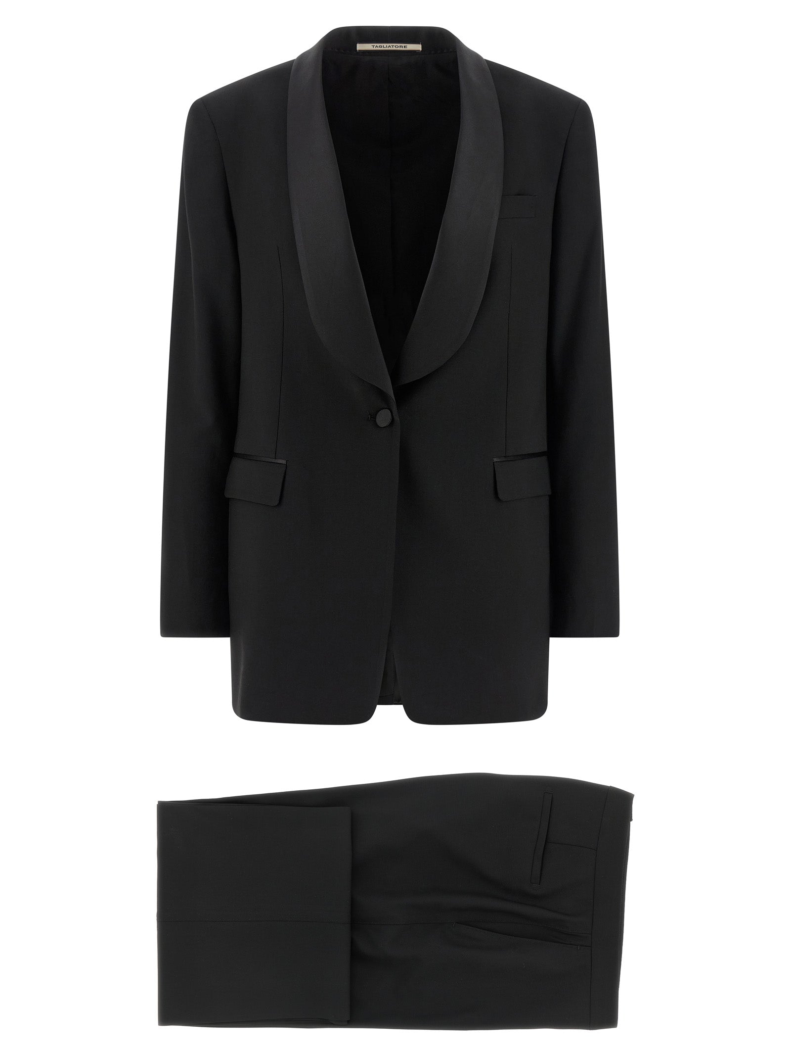 Discover the TAGLIATORE Black Virgin Wool Two-Piece Suit, a masterpiece of Italian craftsmanship, blending elegance and comfort for the discerning individual.