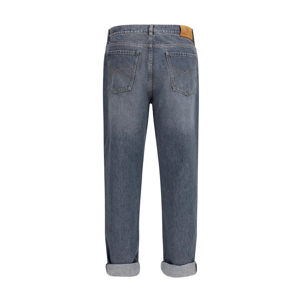 Brunello Cucinelli Gray Cotton Straight-Leg Jeans, Designer Couture