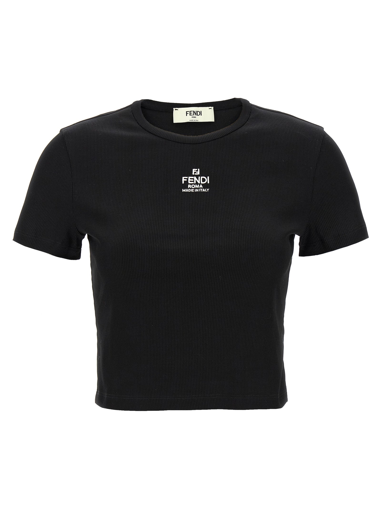 Elevate your wardrobe with the Fendi Black Cotton T-Shirt, a masterpiece of Italian craftsmanship featuring iconic logo embroidery and a chic cropped silhouette.