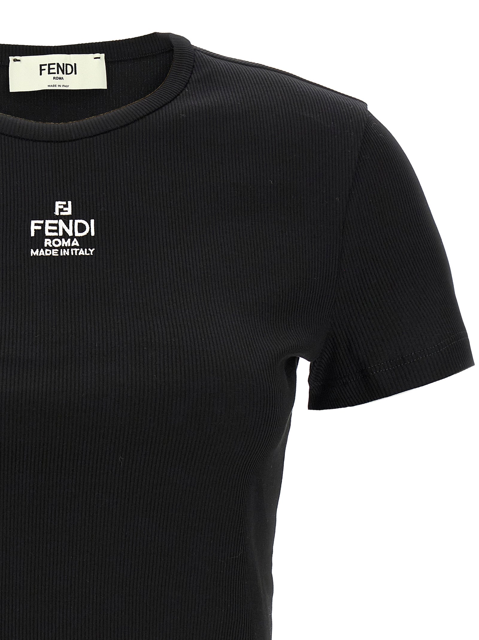 Elevate your style with the Fendi Black Cotton T-Shirt, a masterpiece of Italian craftsmanship featuring iconic logo embroidery and a chic cropped silhouette.