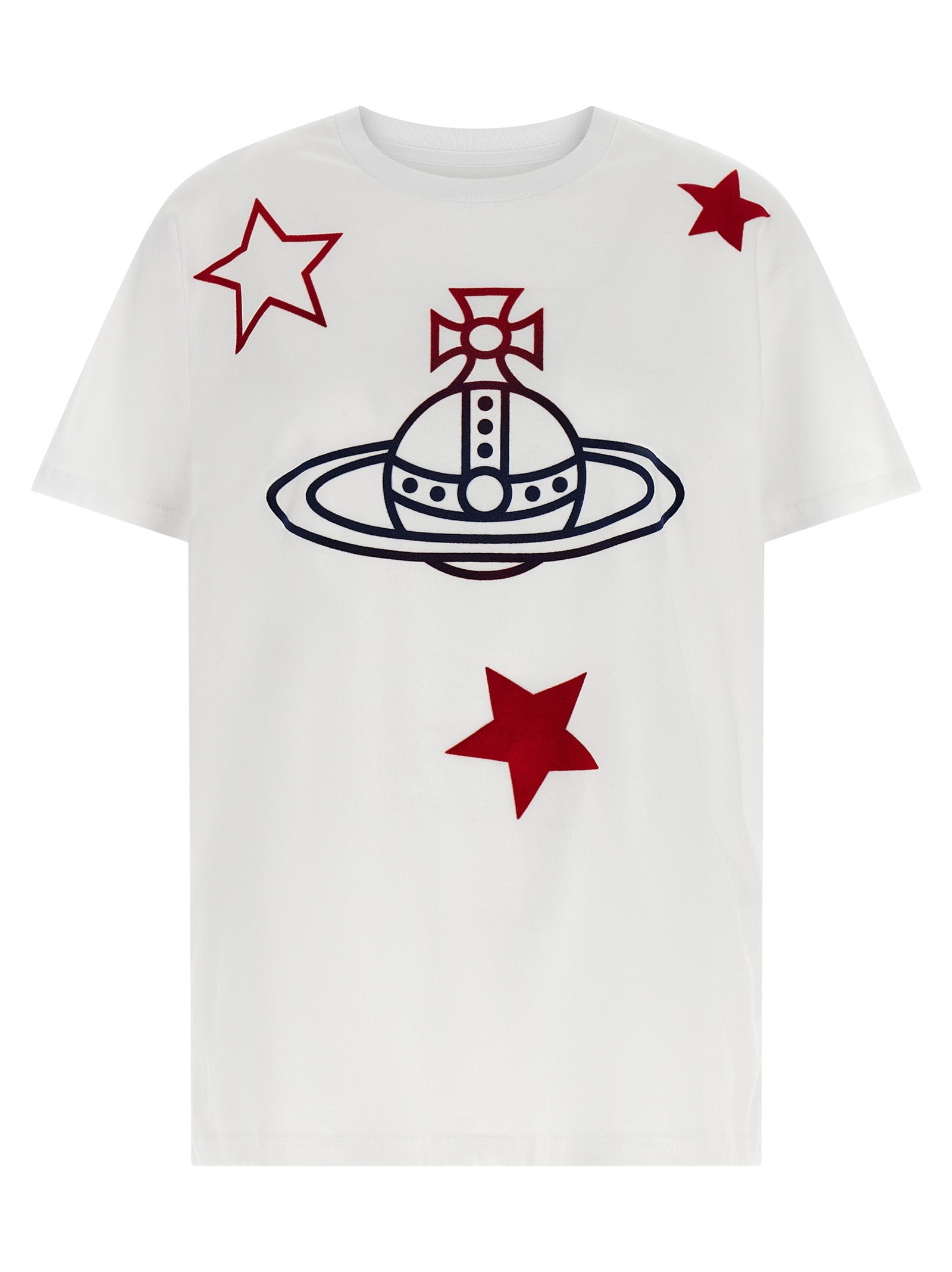 Indulge in the Vivienne Westwood ‘Orb and Stars Classic’ T-shirt, a luxurious 100% cotton piece that embodies bold sophistication and timeless elegance.