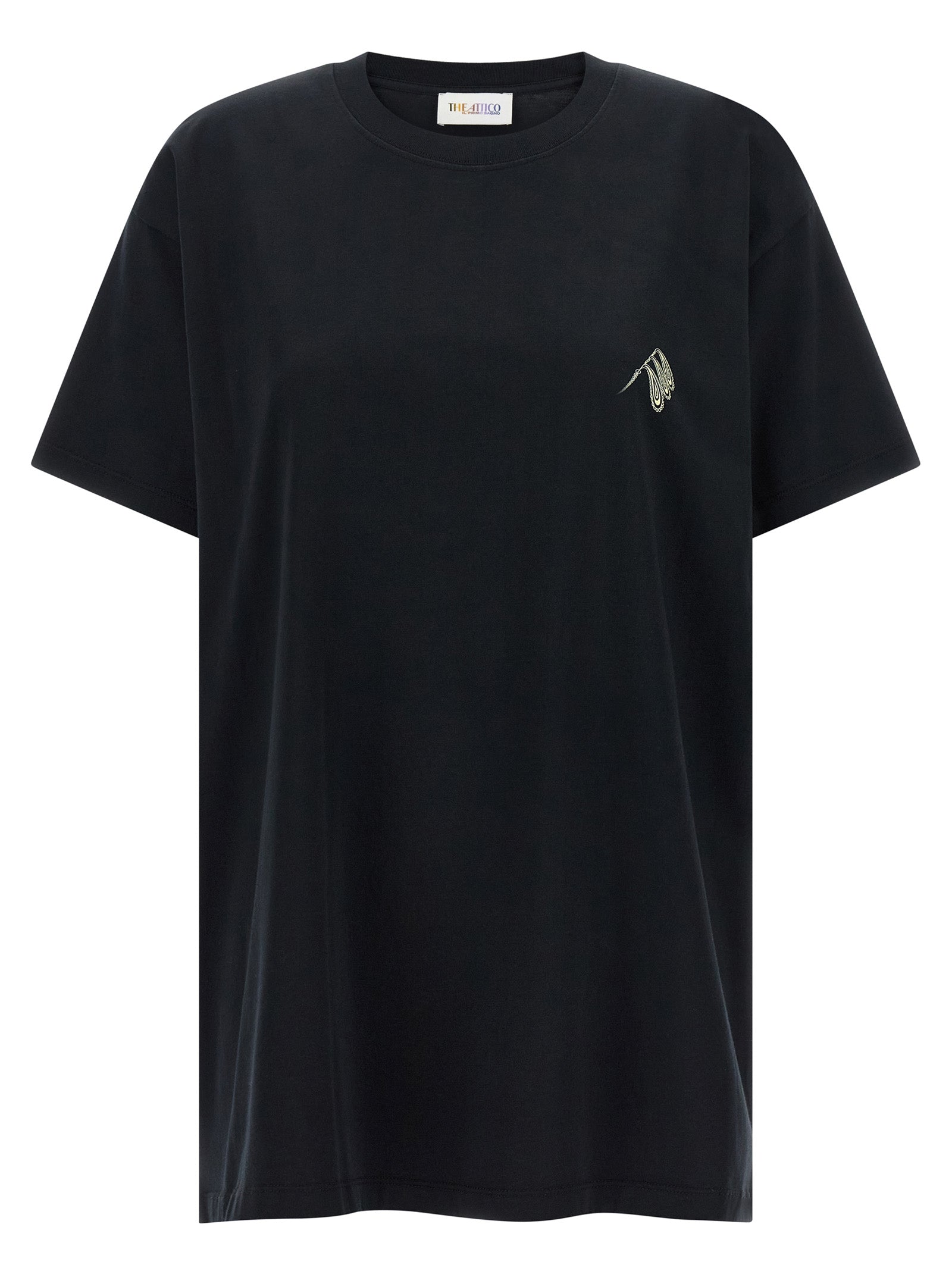 Elevate your wardrobe with THE ATTICO's 'Il Primo Bagno' T-shirt, a luxurious black cotton staple that redefines casual elegance with bold artistry and supreme comfort.