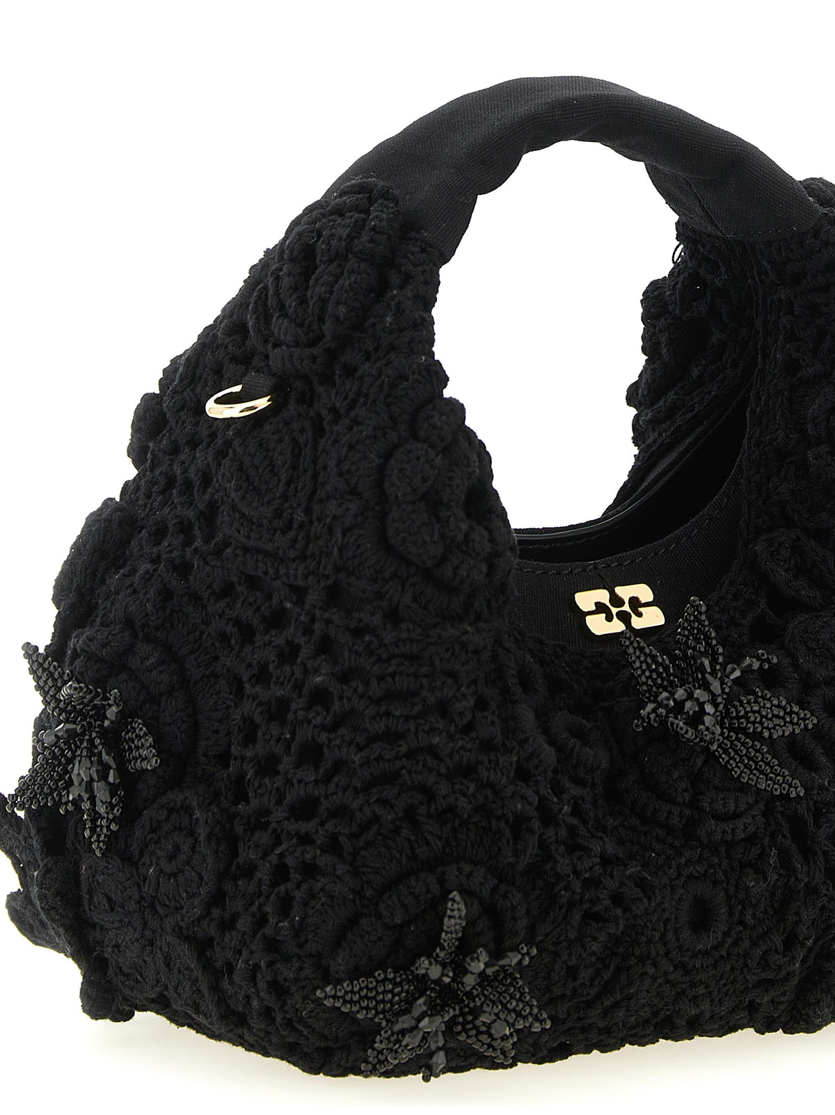 Ganni Mini Hobo Crochet Handbag in Black Organic Cotton