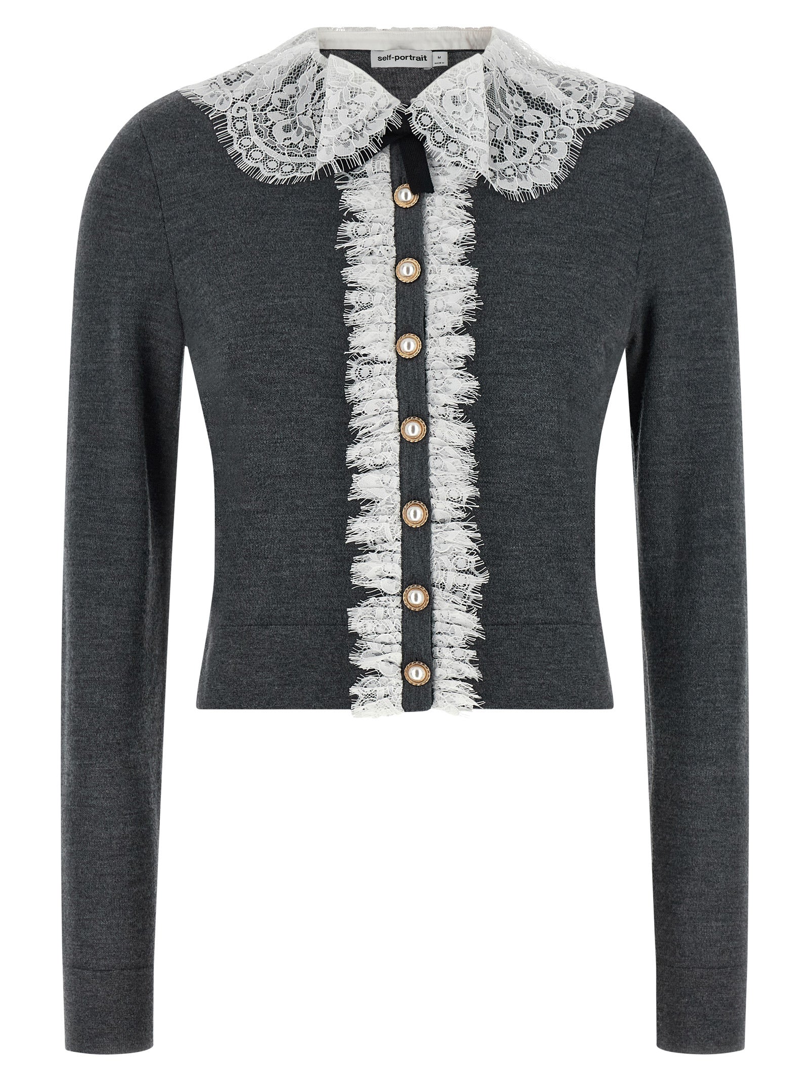 Discover the Self-Portrait Gray Wool Cardigan, a masterpiece of elegance crafted from 100% stretch wool, featuring a lace collar and jewel button closures for timeless sophistication.