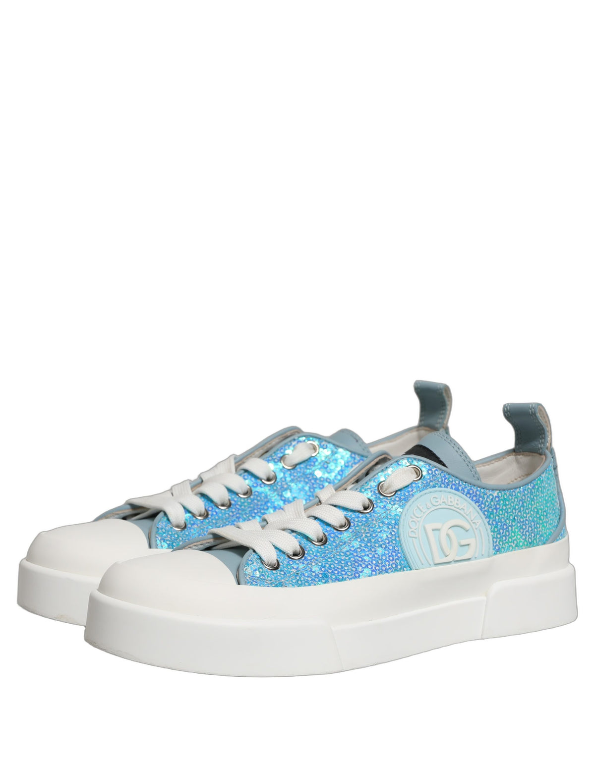 Indulge in the exquisite Dolce & Gabbana Blue White Sequin Logo Low Top Sneakers, where Italian craftsmanship meets luxurious comfort, perfect for the discerning individual.