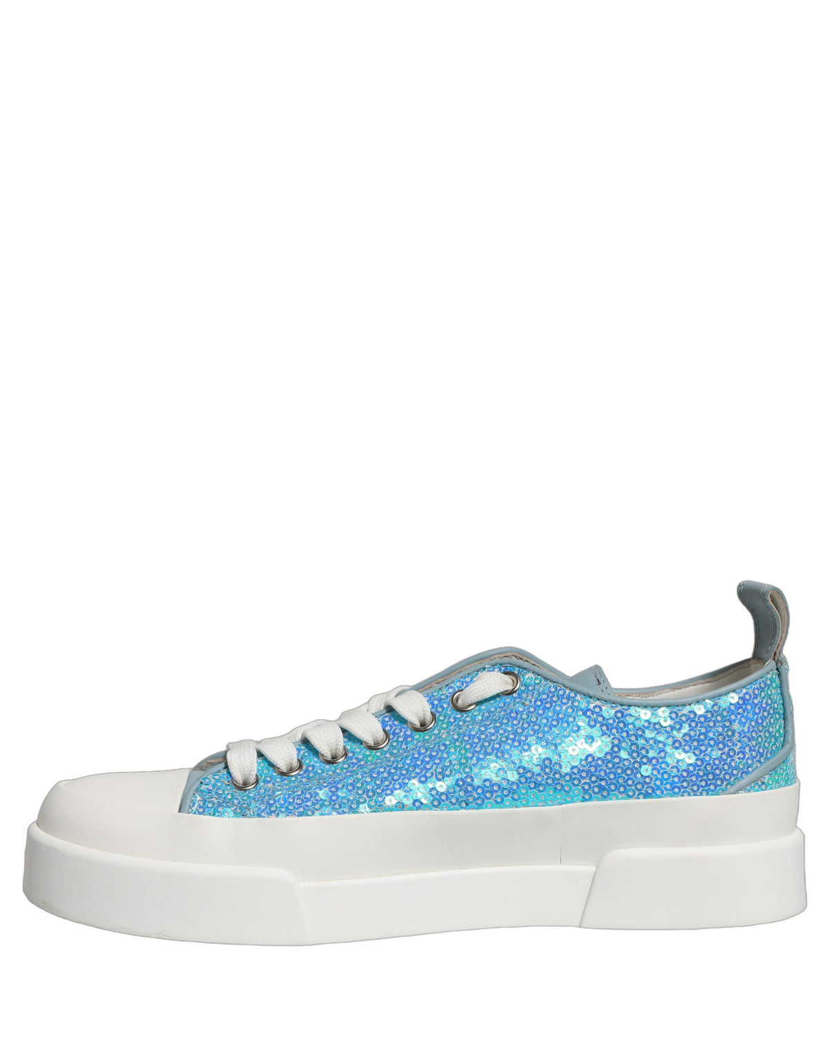 Elevate your style with Dolce & Gabbana's Blue White Sequin Logo Low Top Sneakers, a luxurious blend of Italian craftsmanship and modern elegance, perfect for any occasion.