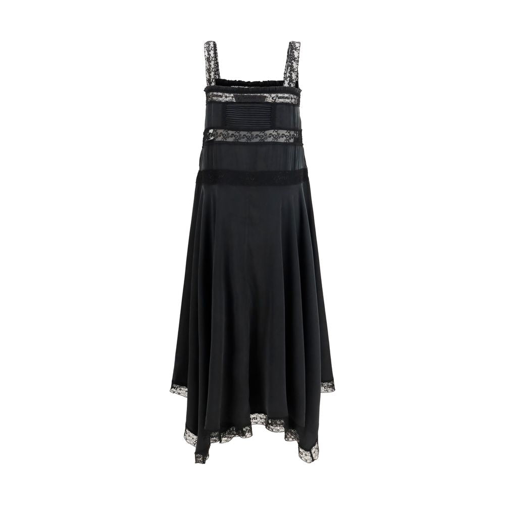 Ganni Black Silk Maxi Dress - Exquisite Lace Elegance
