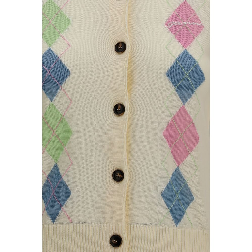 Ganni Beige Diamond-Pattern Cardigan - Timeless Luxury Elegance
