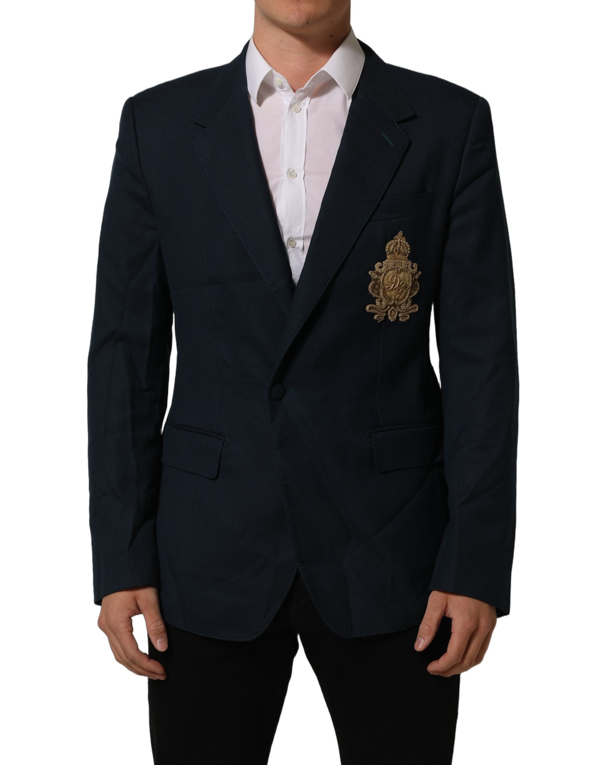 Dolce & Gabbana Blue Wool Logo Single Breasted Coat Jacket