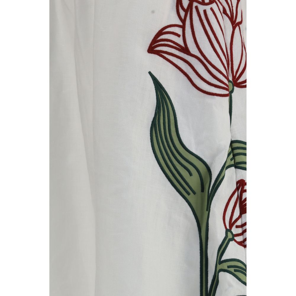 FARM RIO White Linen Midi Skirt - Exquisite Floral Elegance