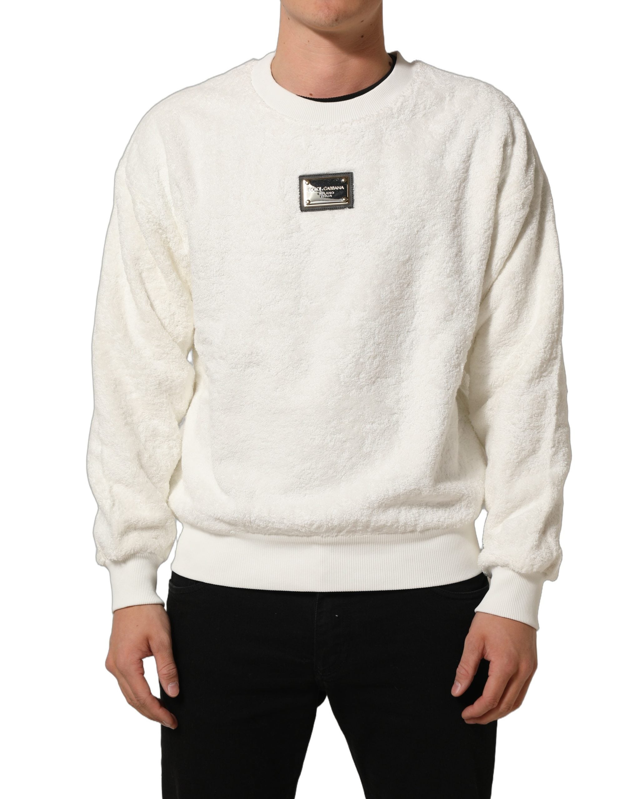 Elevate your wardrobe with the Dolce & Gabbana White LogoPlaque CrewNeck Sweatshirt, a testament to Italian craftsmanship and modern luxury, perfect for the discerning individual.