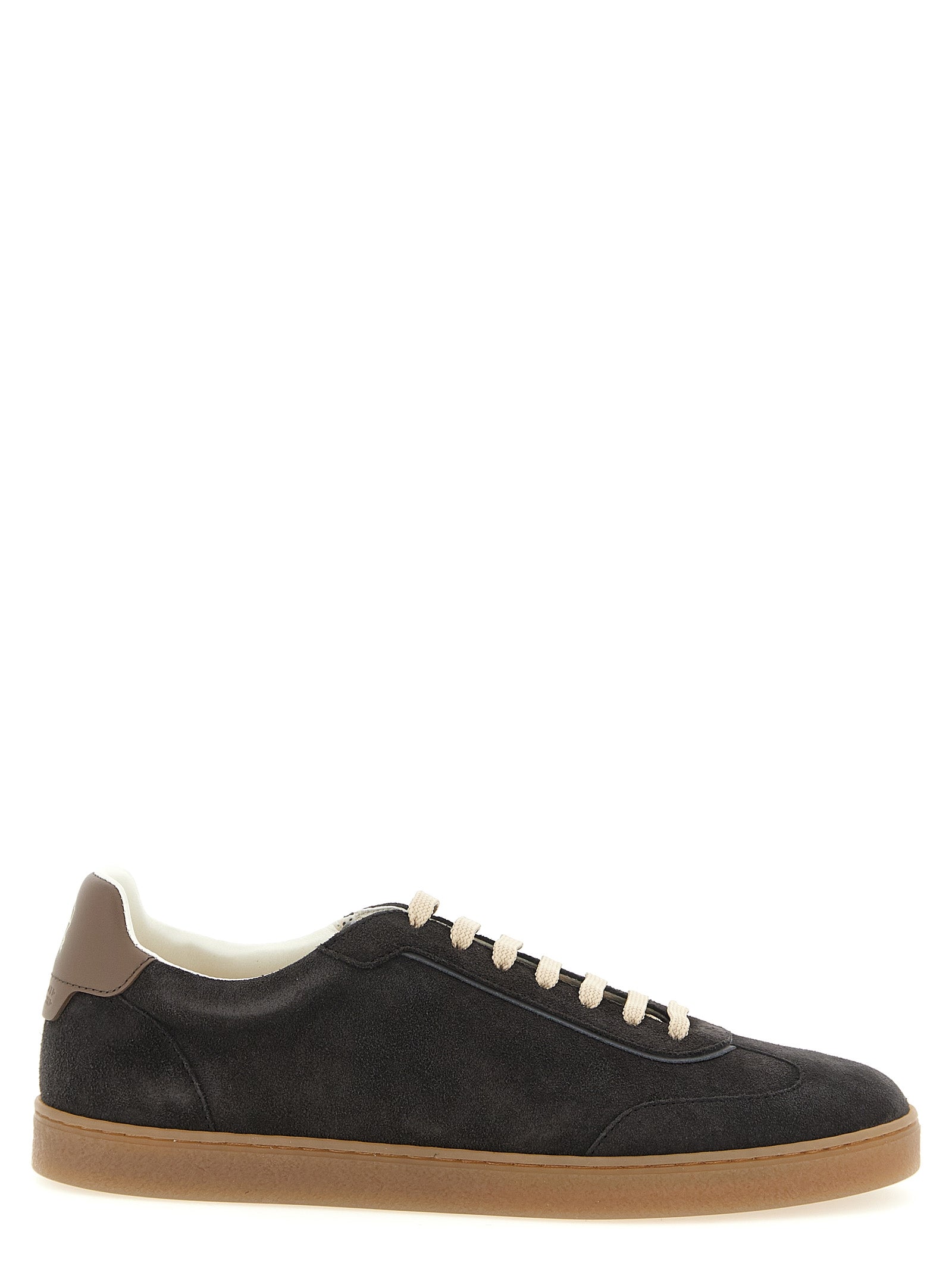 Indulge in the exquisite Brunello Cucinelli Gray Calfskin Low Top Sneakers, where fine Italian craftsmanship meets timeless elegance for the discerning connoisseur.