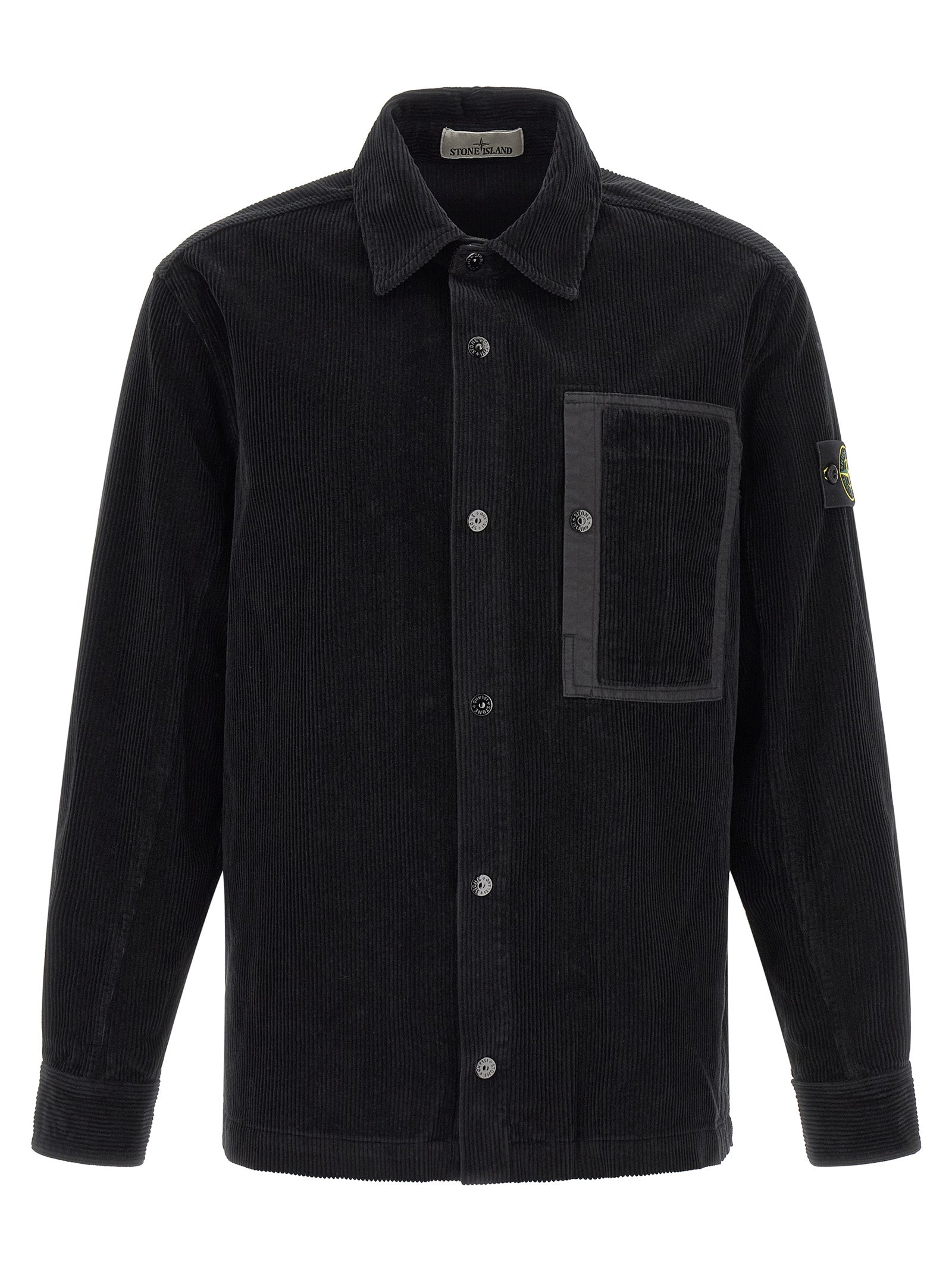 Elevate your wardrobe with the Stone Island Black Cotton Blouse, a luxurious garment-dyed corduroy piece that embodies sophistication and timeless elegance.