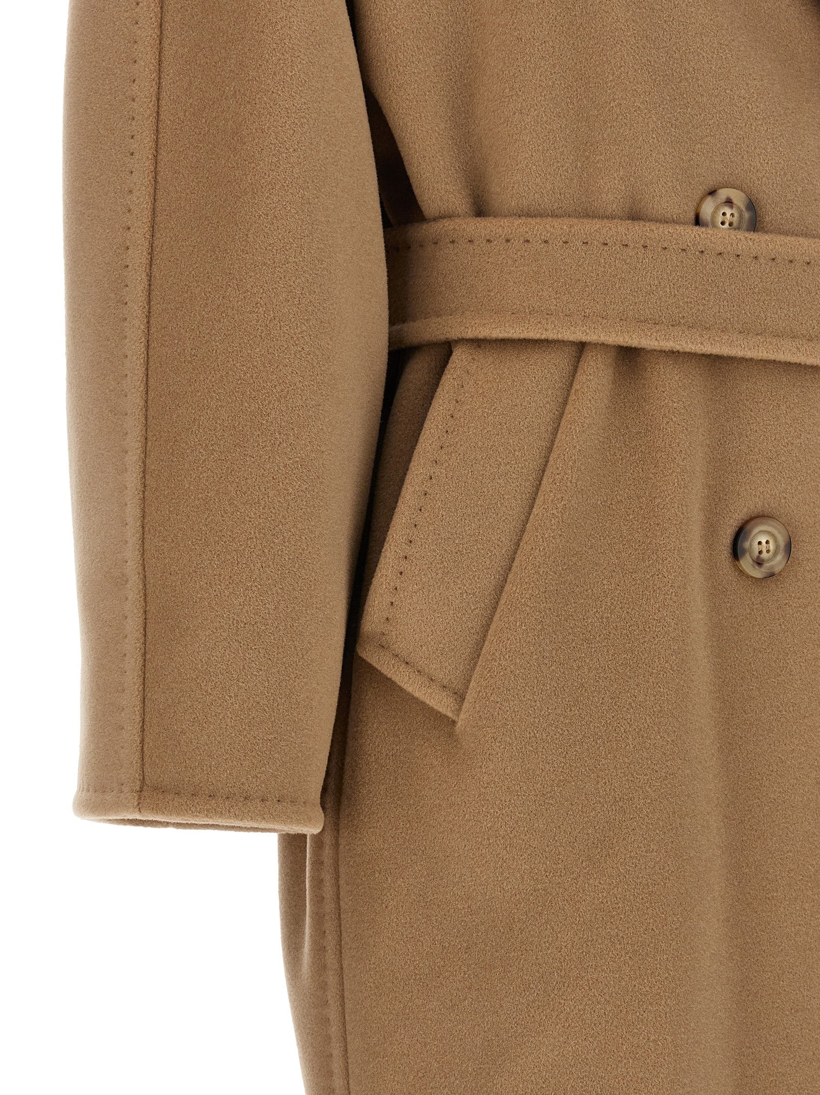 Indulge in the MAX MARA Beige Virgin Wool Coat, a masterpiece of luxurious virgin wool and cashmere, exuding timeless elegance and sophistication for the discerning wardrobe.