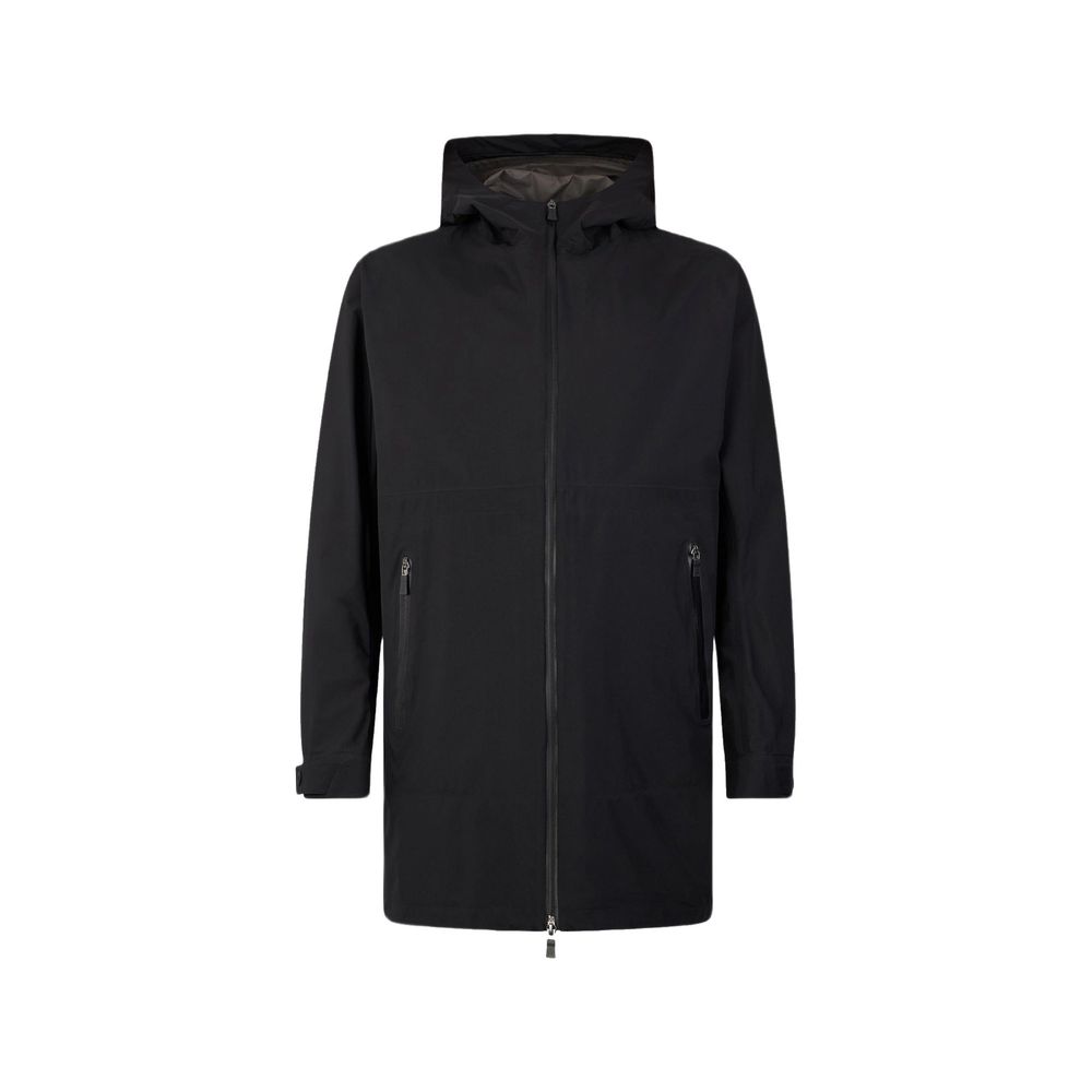 Discover the Herno Black Polyester Coat, a masterful blend of water-repellent Gore-tex and exquisite design, embodying timeless luxury and effortless sophistication.