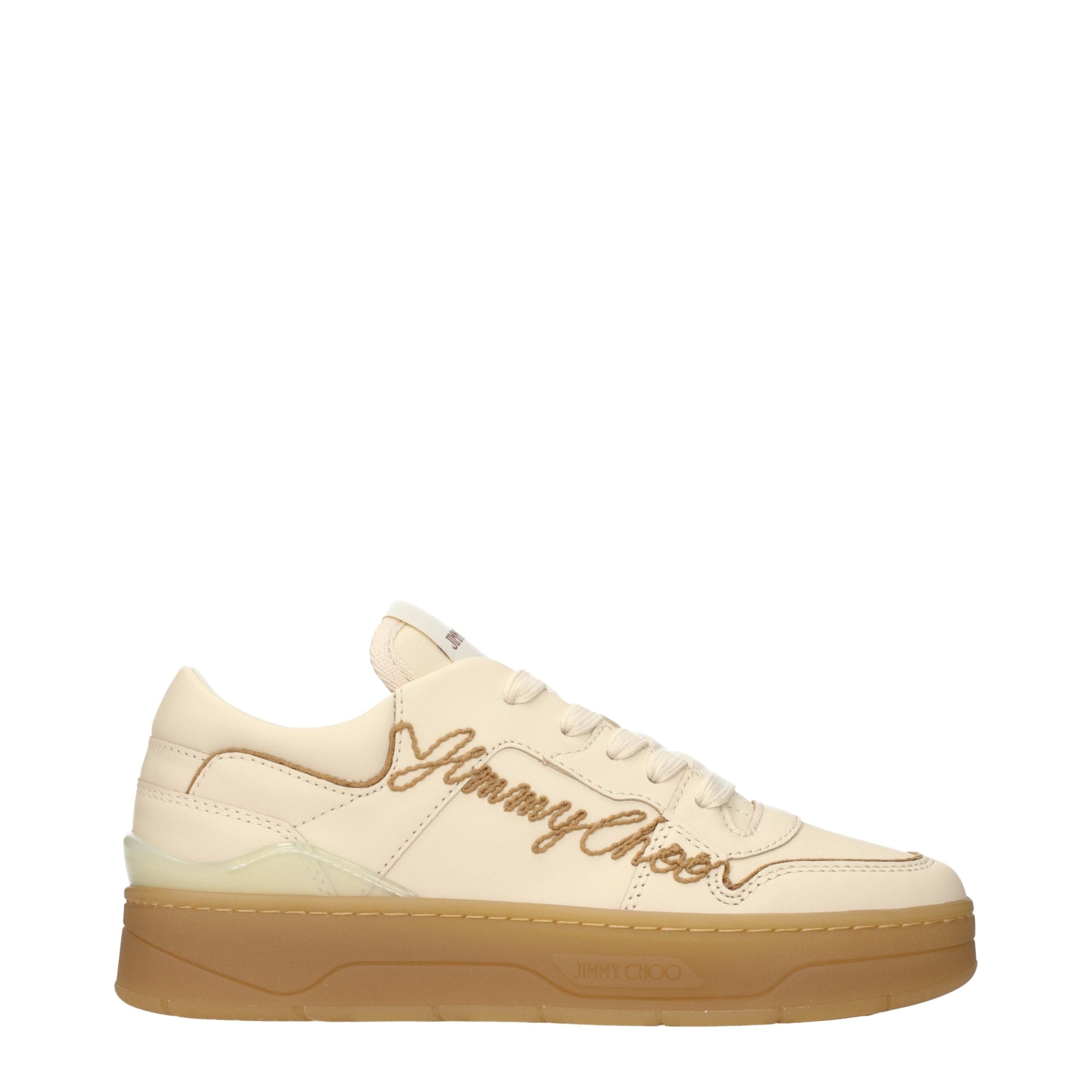 Indulge in the elegance of Jimmy Choo's Beige Leather Low Top Sneakers, where exquisite craftsmanship meets timeless luxury, perfect for the discerning connoisseur.