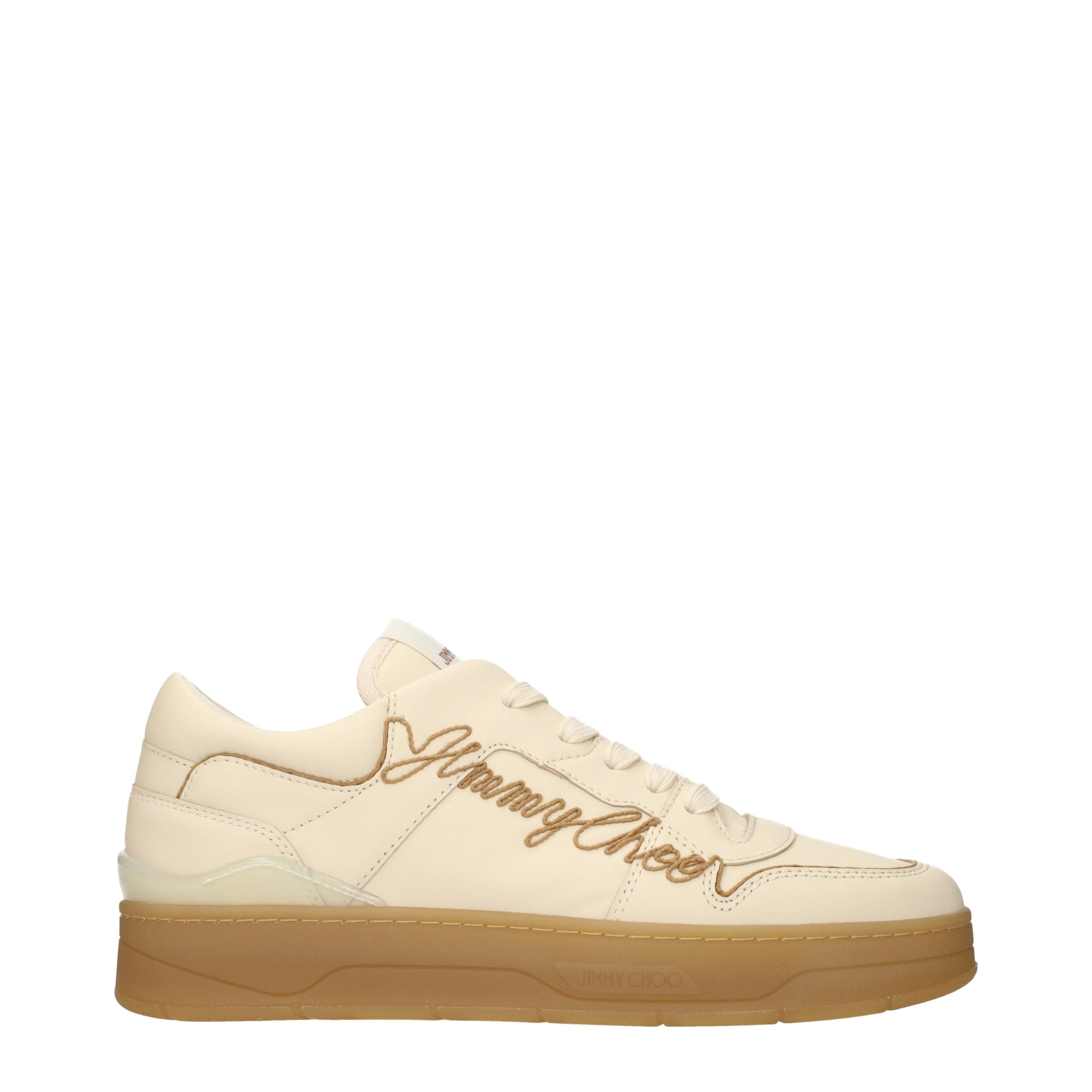 Elevate your style with Jimmy Choo's Beige Leather Low Top Sneakers, where exquisite craftsmanship meets timeless elegance, perfect for the discerning individual.
