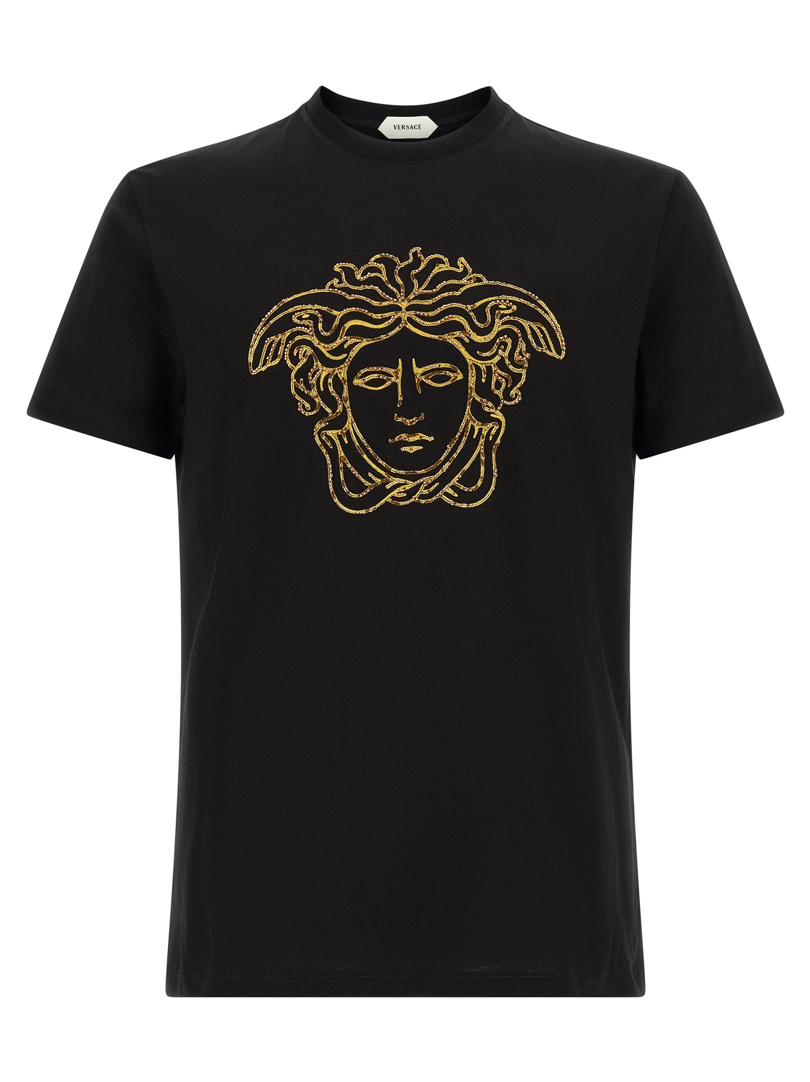 Elevate your style with the Versace Black Cotton T-Shirt, featuring exquisite gold Medusa embroidery, a testament to Italian craftsmanship and timeless luxury.