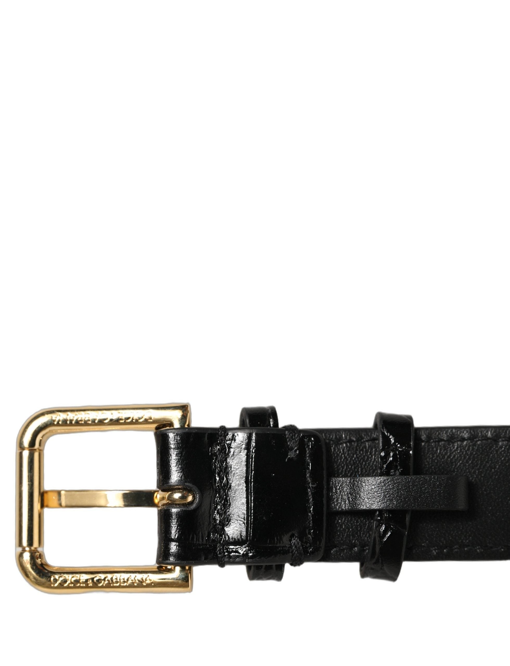 Dolce & Gabbana Black Textured Leather Gold Buckle Bracelet