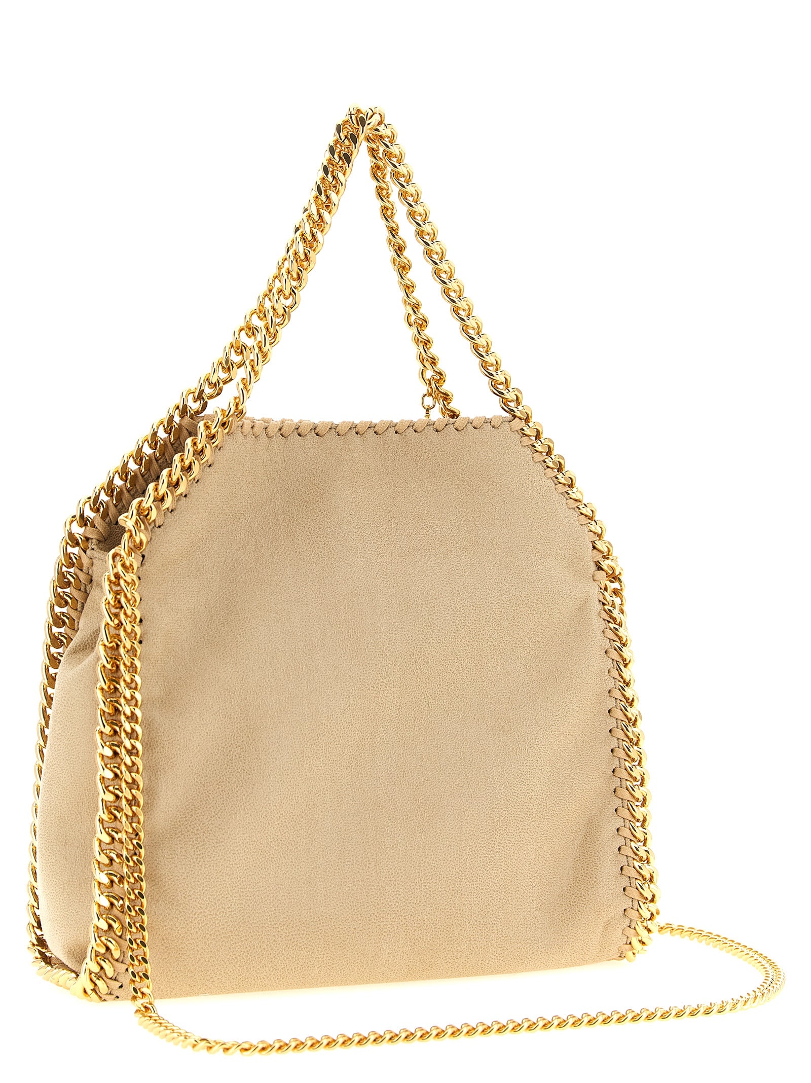 Discover the Stella McCartney Falabella Mini, a chic beige shoulder bag crafted from sustainable materials, embodying luxury and eco-conscious elegance for the discerning individual.