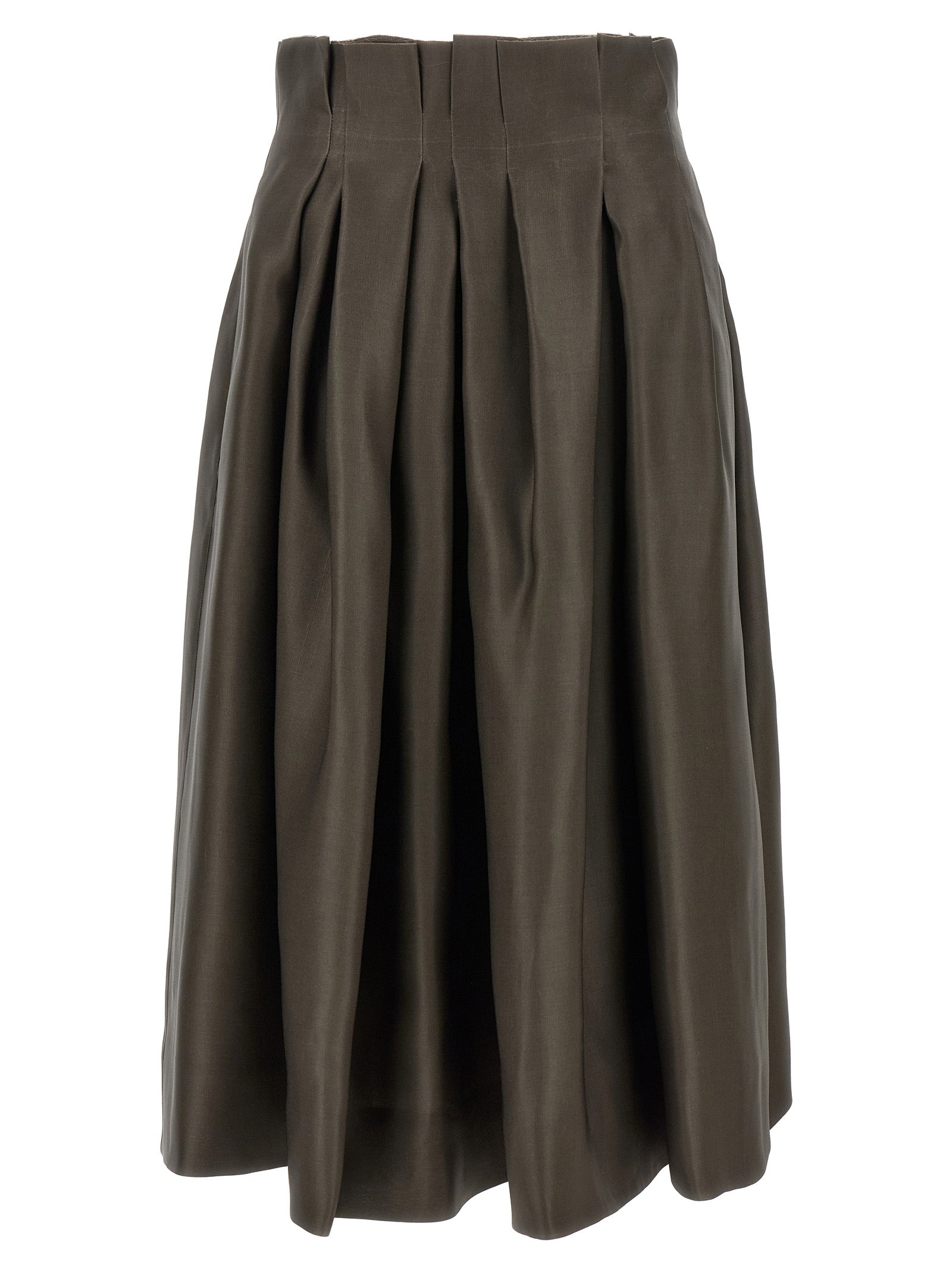 Elevate your wardrobe with the KHAITE Brown Silk Midi Skirt, a sculptural masterpiece in luxurious Shantung silk organza, designed for timeless elegance and refined allure.