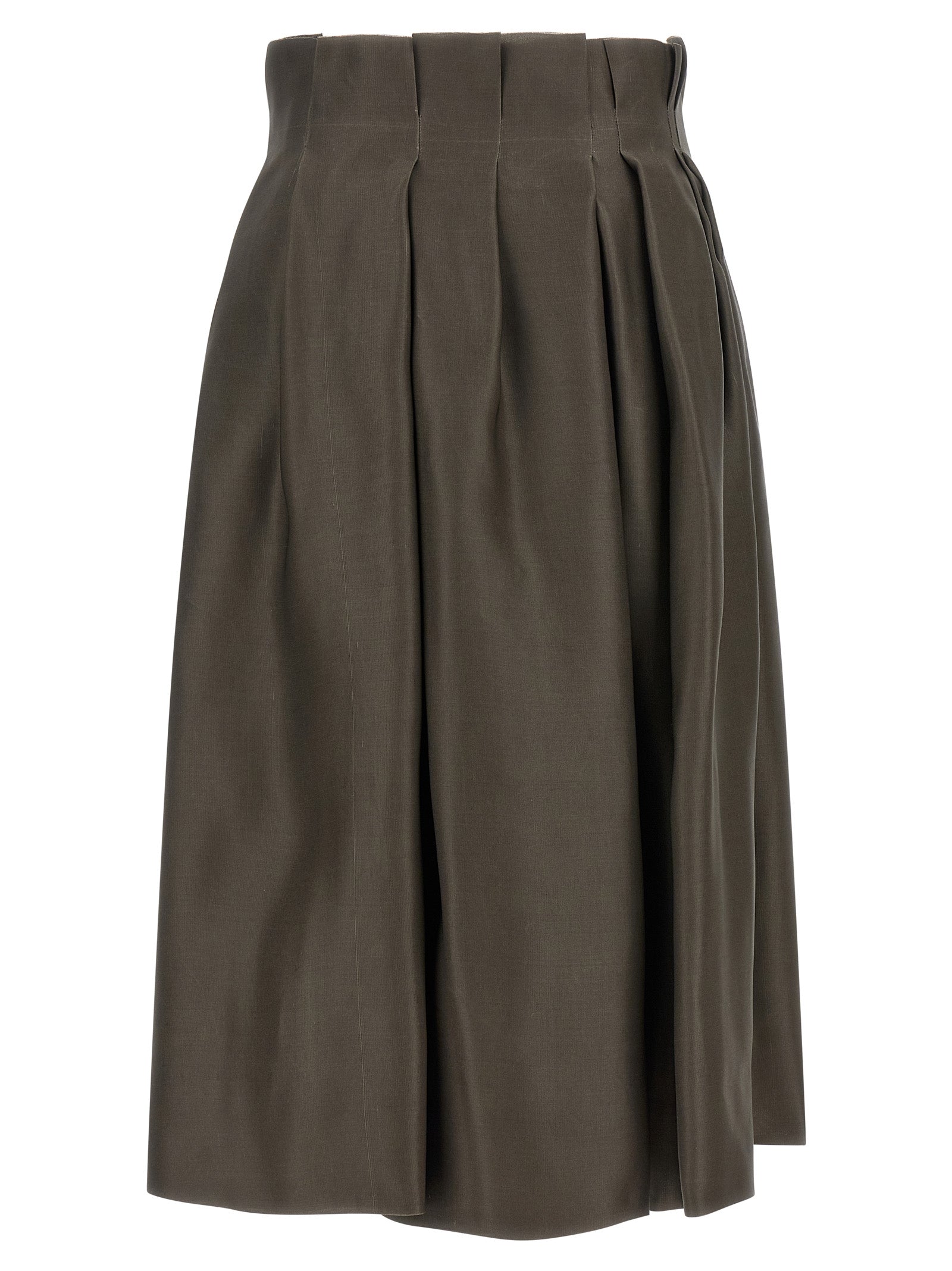 Elevate your wardrobe with the Khaite Brown Silk Midi Skirt, a timeless piece crafted from luxurious Shantung silk organza, embodying sophistication and allure.