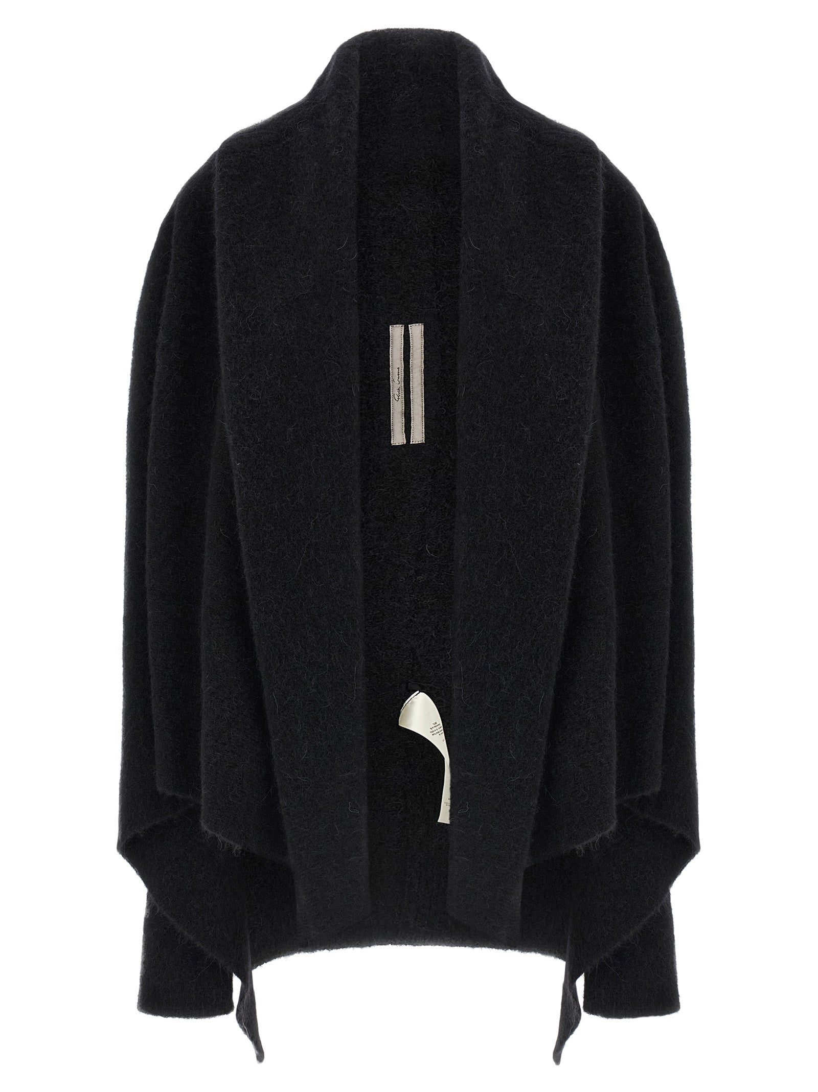 Indulge in the avant-garde allure of the Rick Owens Black Marabou Cardigan, a sculptural masterpiece crafted from luxurious alpaca and wool, perfect for discerning tastes.
