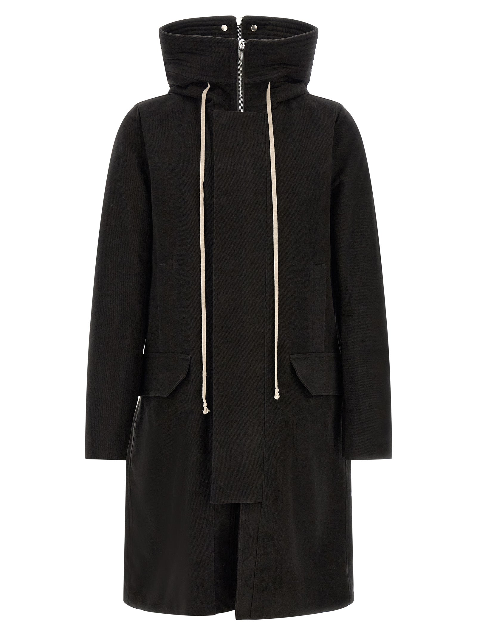 Indulge in the exquisite craftsmanship of Rick Owens' Black Cotton Parka, a statement piece that seamlessly blends avant-garde design with luxurious comfort for the discerning individual.