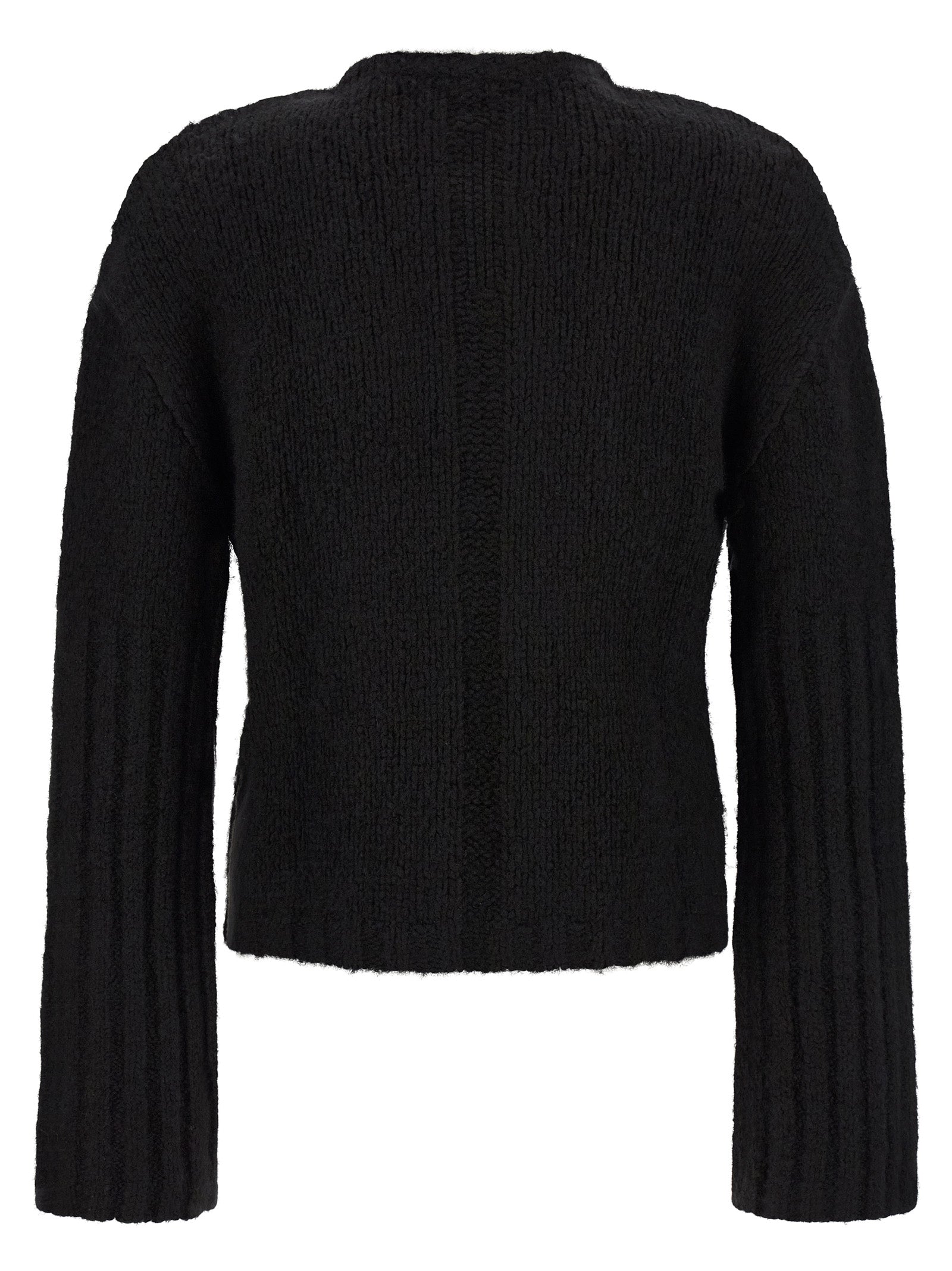 Indulge in the exquisite Rick Owens Black Cashmere Cardigan, a masterful blend of cashmere and silk, embodying timeless luxury and sophisticated elegance for discerning tastes.
