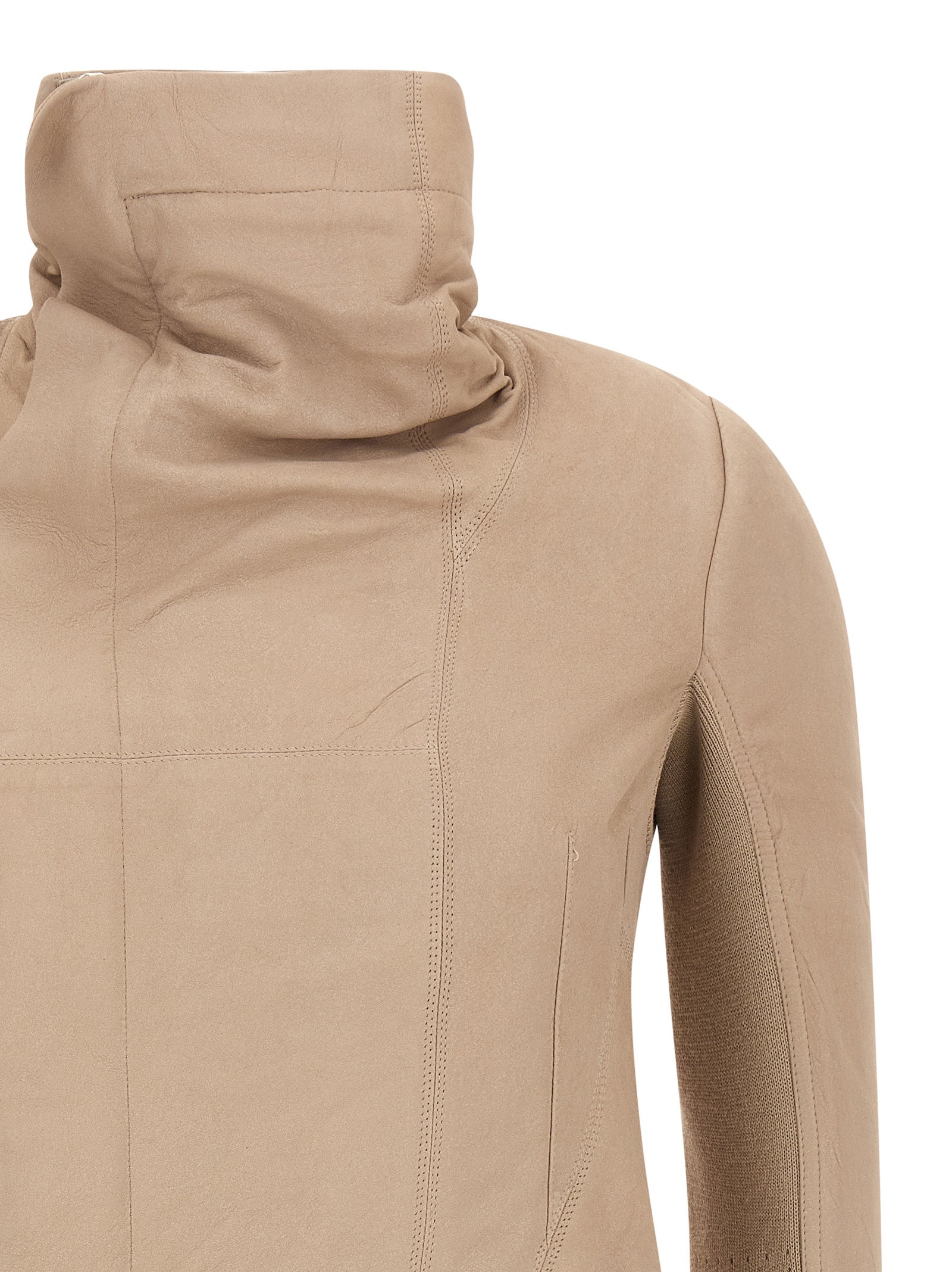 Discover the Rick Owens Naska jacket, a luxurious beige lamb leather masterpiece, blending avant-garde design with timeless elegance for the discerning fashion connoisseur.