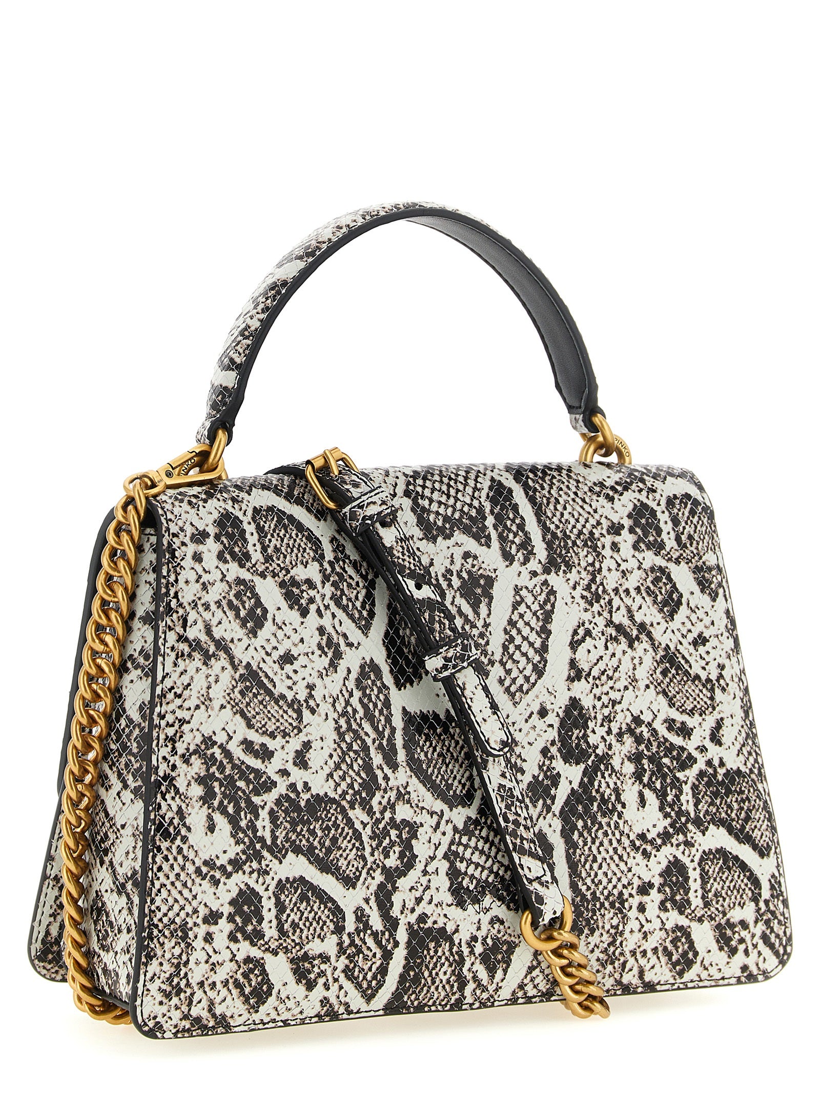 Elevate your style with the PINKO Gray Calfskin Handbag, a masterpiece of elegance featuring a python-effect print and iconic Love Birds buckle, perfect for the discerning individual.
