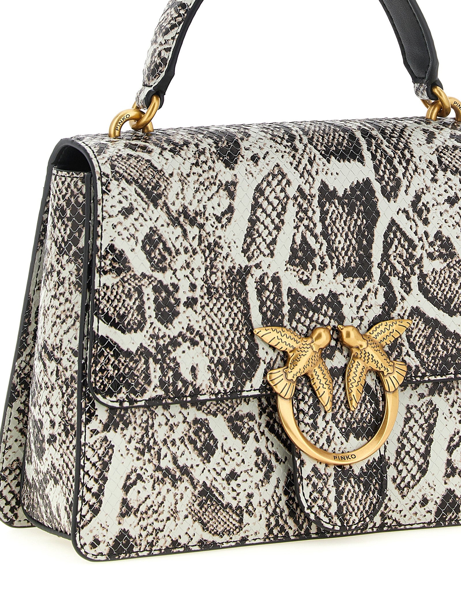 Elevate your style with the PINKO Gray Calfskin Handbag, a masterpiece of craftsmanship featuring a python-effect print and iconic Love Birds buckle, perfect for the discerning individual.