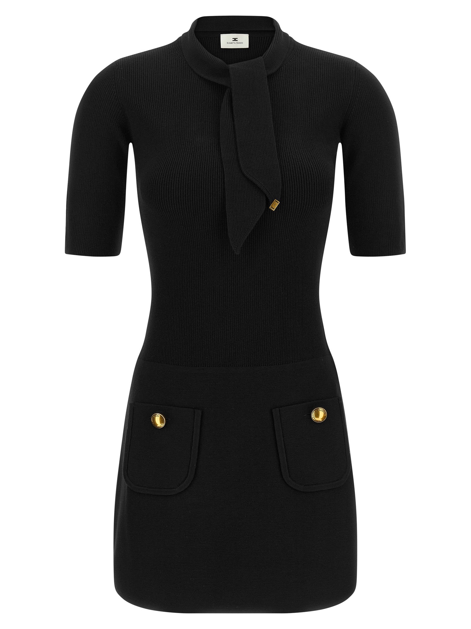 Elevate your wardrobe with the Elisabetta Franchi Black Viscose Short Dress, a masterpiece of elegance featuring luxurious ribbed detailing and exquisite gold accents.