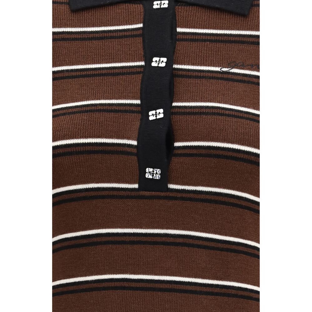 Indulge in the exquisite Ganni Brown Wool Oves Aries Dress Shirt, a masterpiece of striped merino knit that embodies elegance and sophistication for the discerning individual.