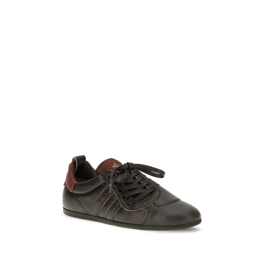 Indulge in the exquisite Vivienne Westwood Black Calf Leather Bos Taurus Sneakers, where distressed leather meets iconic design for effortless elegance and everyday luxury.