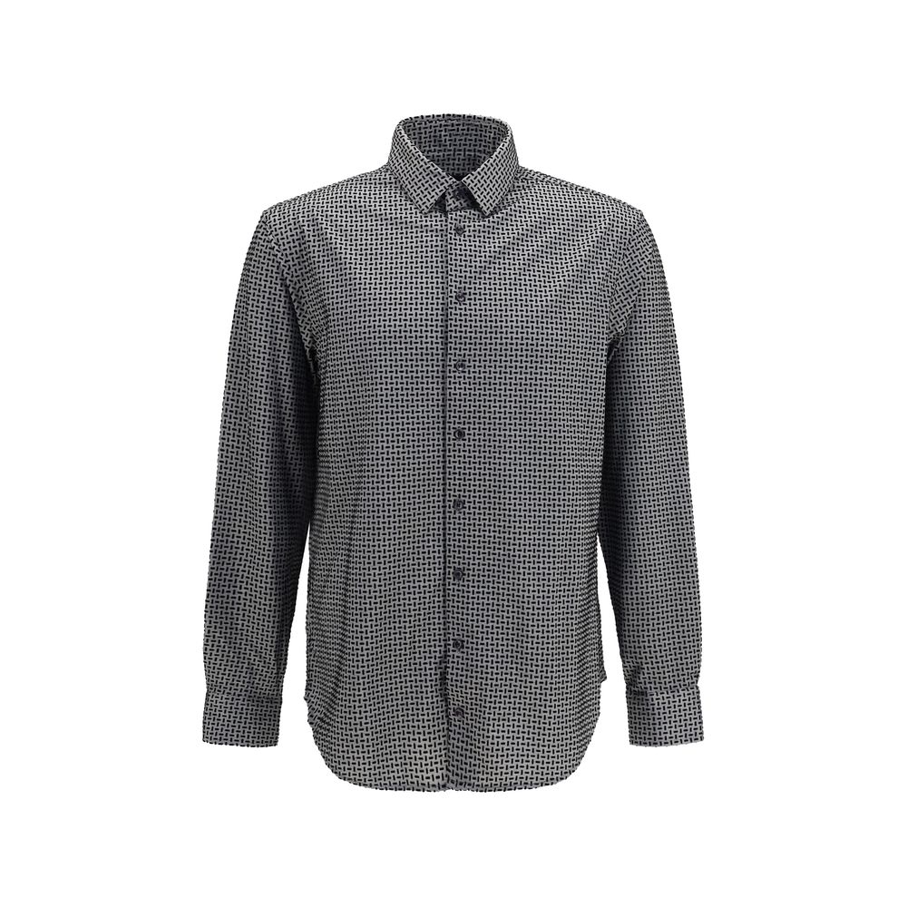 Indulge in the Giorgio Armani Gray Cotton Pattern Shirt, a testament to Italian craftsmanship with its geometric flock print, perfect for those who embrace elegance and sophistication.