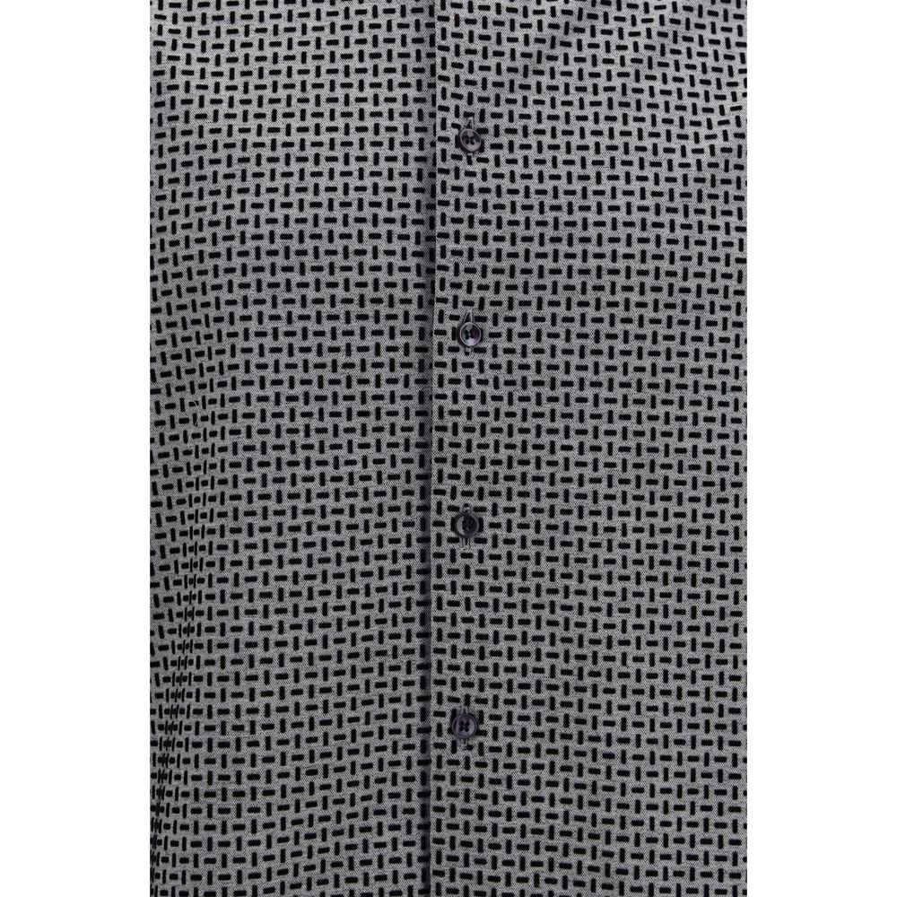 Elevate your wardrobe with the Giorgio Armani Gray Cotton Pattern Shirt, a masterpiece of Italian craftsmanship adorned with a refined geometric flock print, perfect for the discerning individual.