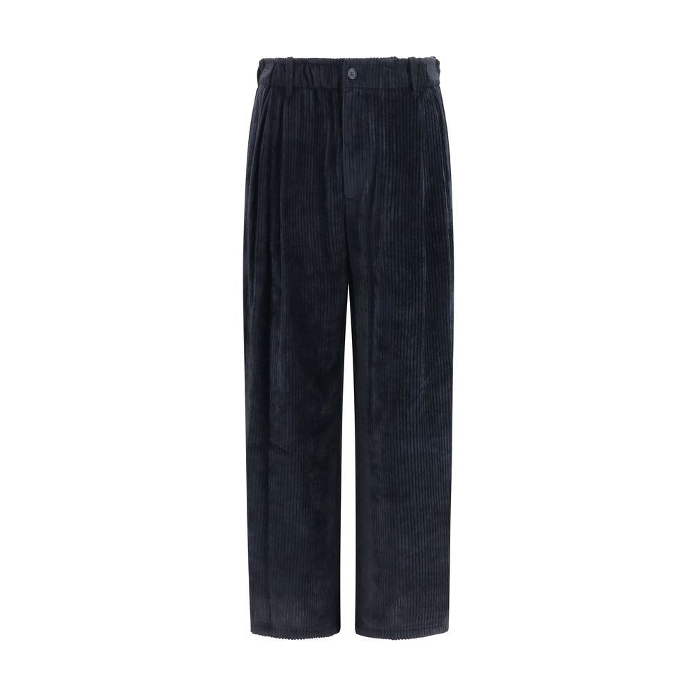 Indulge in the elegance of Giorgio Armani's Black Viscose Casual Pants, crafted from sumptuous ribbed viscose velvet, embodying a sophisticated allure for the discerning individual.