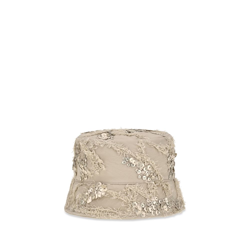 Indulge in the elegance of the Brunello Cucinelli Beige Silk Bucket Hat, adorned with delicate floral embroidery and tonal sequins, a timeless accessory for refined style.