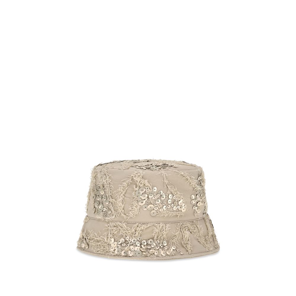 Discover the Brunello Cucinelli Beige Silk Bucket Hat, a masterpiece of delicate floral embroidery and tonal sequins, embodying refined elegance for the discerning individual.