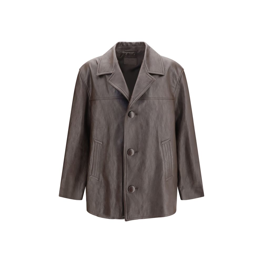 Indulge in the exquisite Prada Brown Lamb Leather Jacket, a masterpiece of tailored elegance and soft luxury, perfect for those who command sophistication and style.