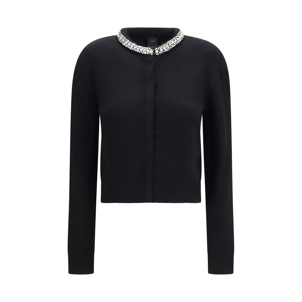 Indulge in the exquisite PINKO Black Wool Oves Aries Cardigan, a masterpiece of craftsmanship featuring luxurious wool blend and gemstone embellishments, perfect for elevating your wardrobe.