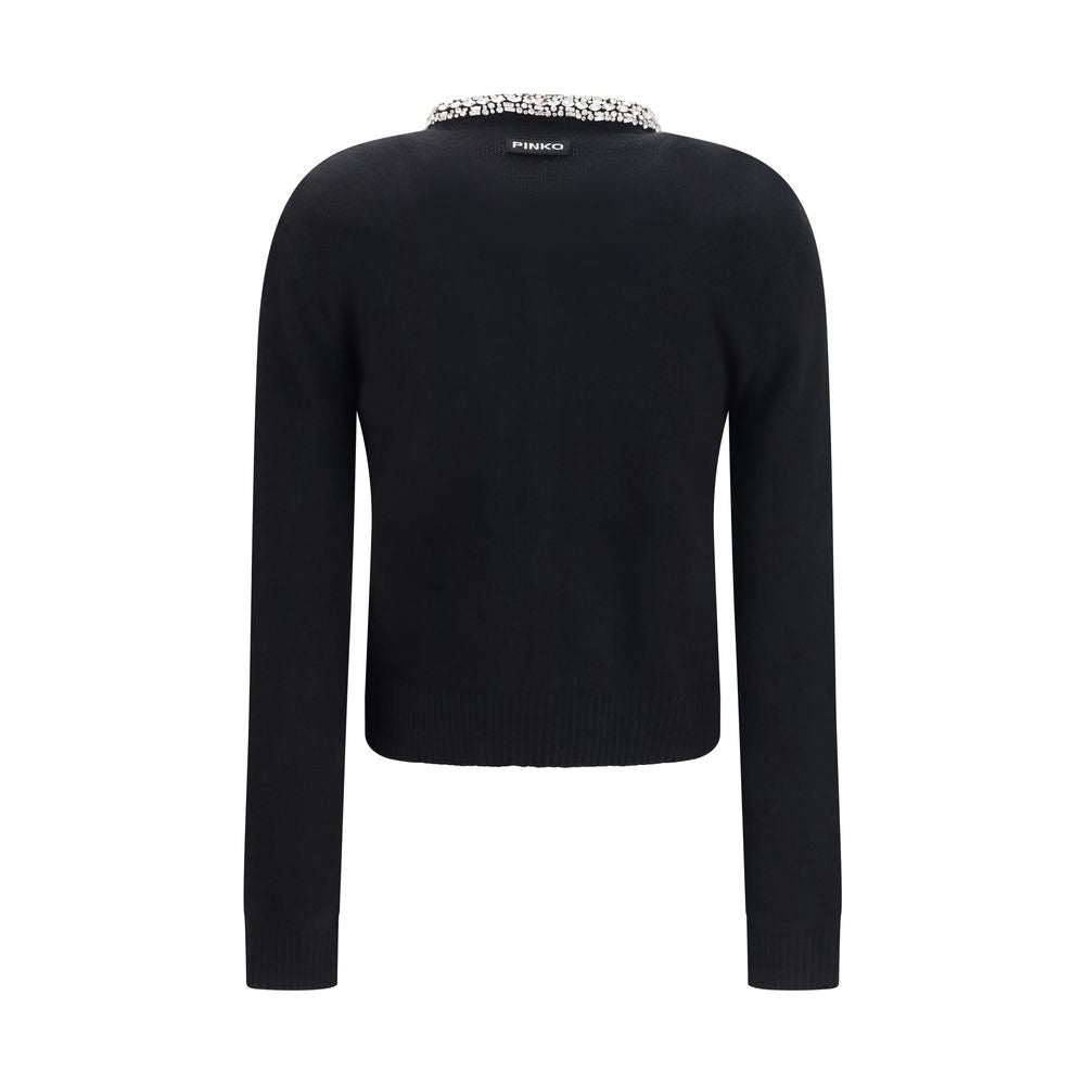 Indulge in the exquisite PINKO Black Wool Oves Aries Cardigan, a masterpiece of craftsmanship featuring a jewel collar and luxurious wool blend, perfect for elevating your style.