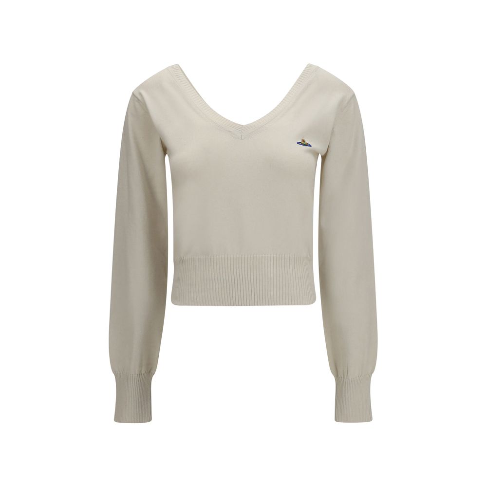 Indulge in the exquisite Beatrice V-neck Sweater by Vivienne Westwood, a luxurious cotton-cashmere blend that embodies sophistication and effortless elegance for the discerning.