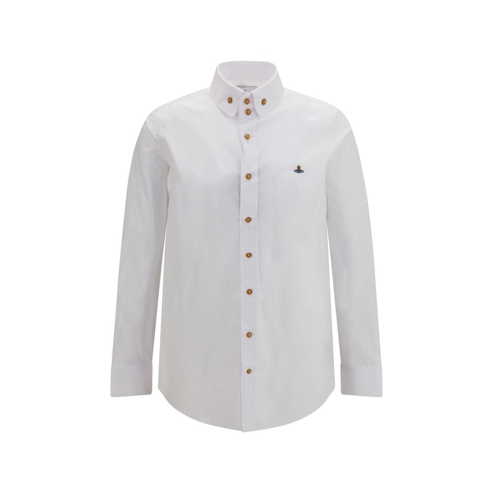 Indulge in the elegance of the Vivienne Westwood White Cotton Dress Shirt, crafted from luxurious cotton poplin, embodying sophistication and timeless allure for the discerning individual.