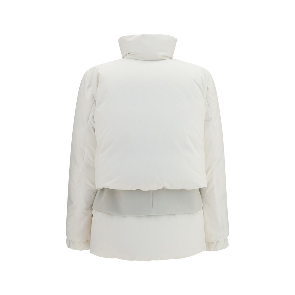 Elevate your wardrobe with the Sacai White Polyester Full-Length Jacket, a sophisticated fusion of style and comfort, perfect for the discerning individual.