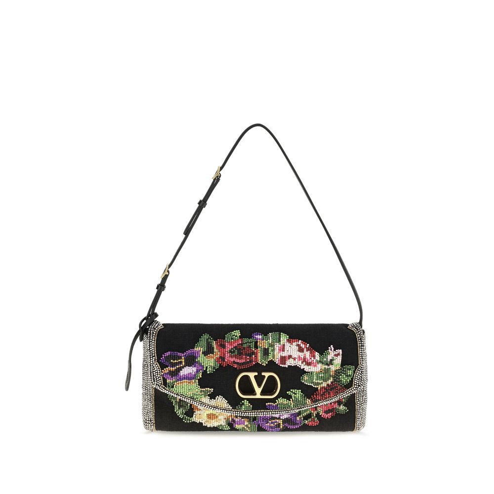 Indulge in the exquisite Valentino Garavani Multicolor Linen Shoulder Bag, a masterpiece of floral bead embroidery and refined design, perfect for elevating any ensemble.