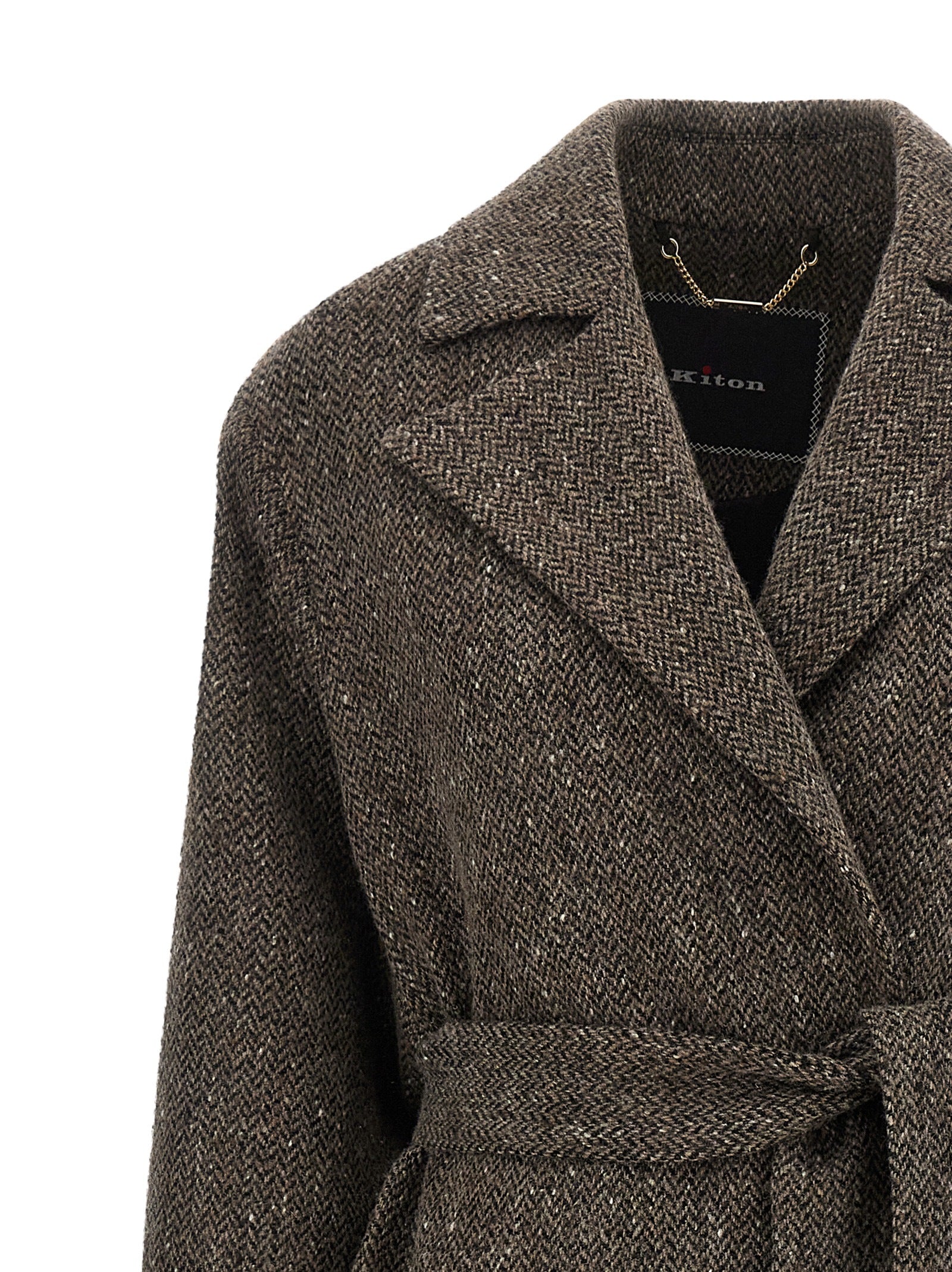Discover the Kiton Brown Virgin Wool Coat, a masterpiece of deconstructed elegance, featuring a luxurious chevron texture and timeless silhouette for the discerning connoisseur.