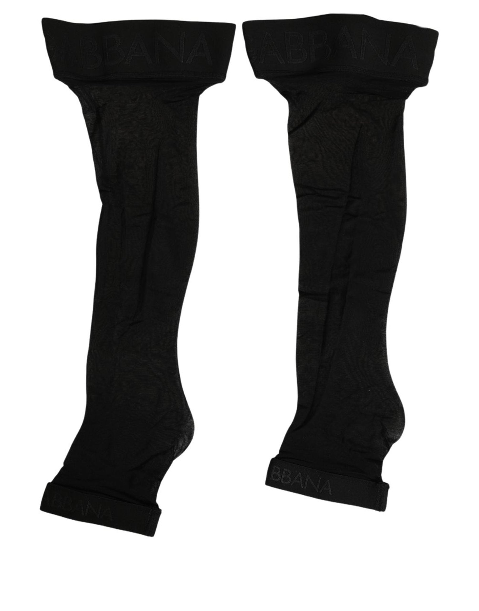 Indulge in the exquisite Dolce & Gabbana Black Nylon Logo Calf Long Socks, a testament to Italian craftsmanship and luxury, elevating your style with every step.
